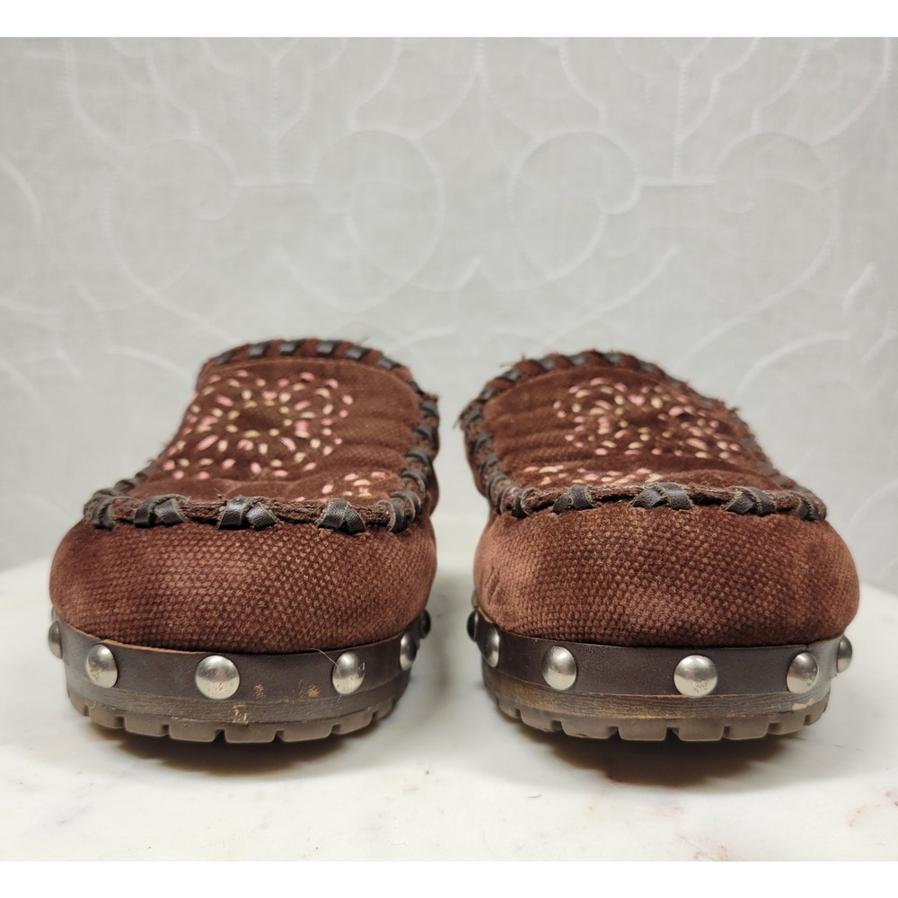 VTG Mudd Embroidered Mules Womens 9 Brown Floral Rivets Wooden Platform Y2K - Picture 10 of 14